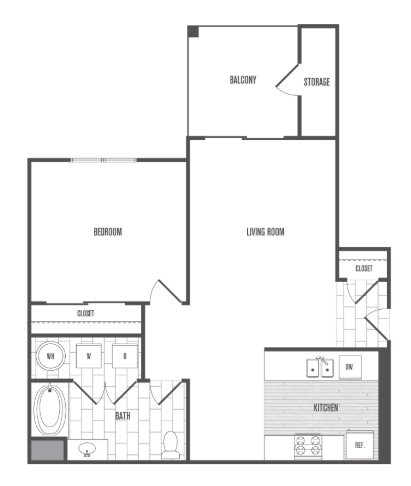 Floor plan for 1 bed, 1 bath, 650 sqft